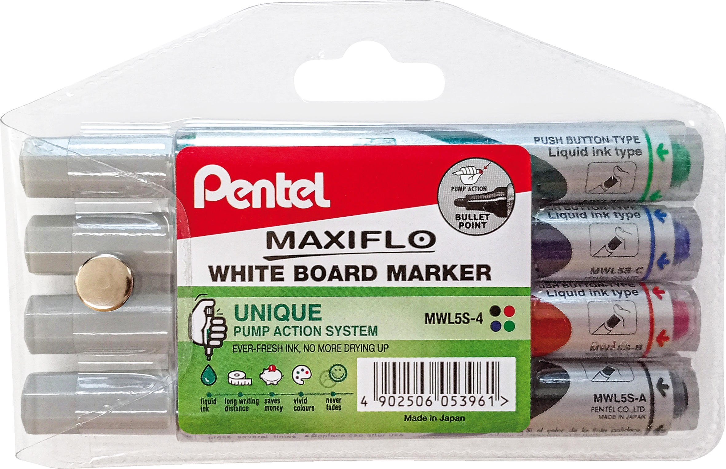 Pentel Maxiflo Whiteboard Markers 4,0mm Wallet of 4