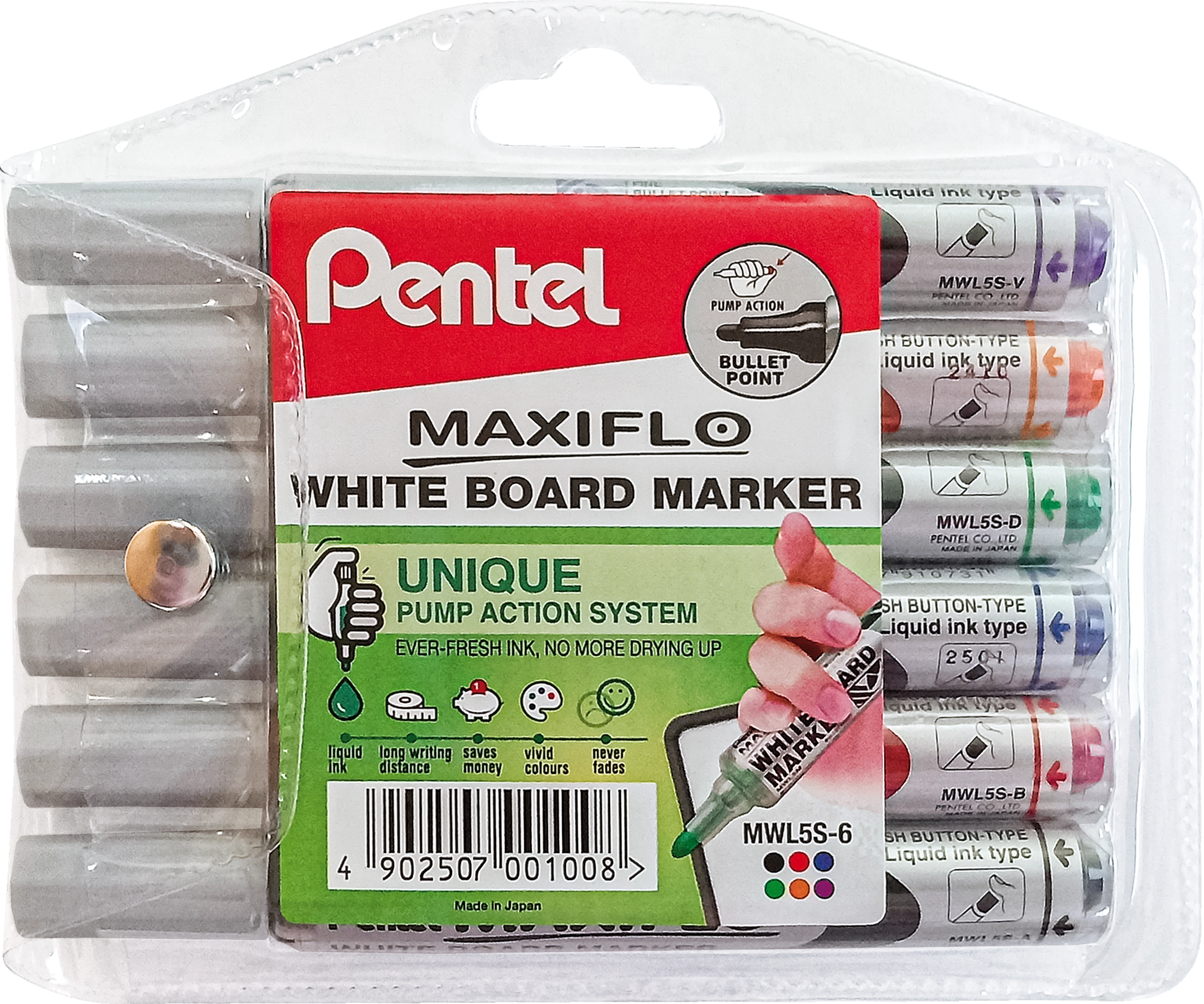 Pentel Maxiflo Whiteboard Markers 4,0mm Wallet of 6