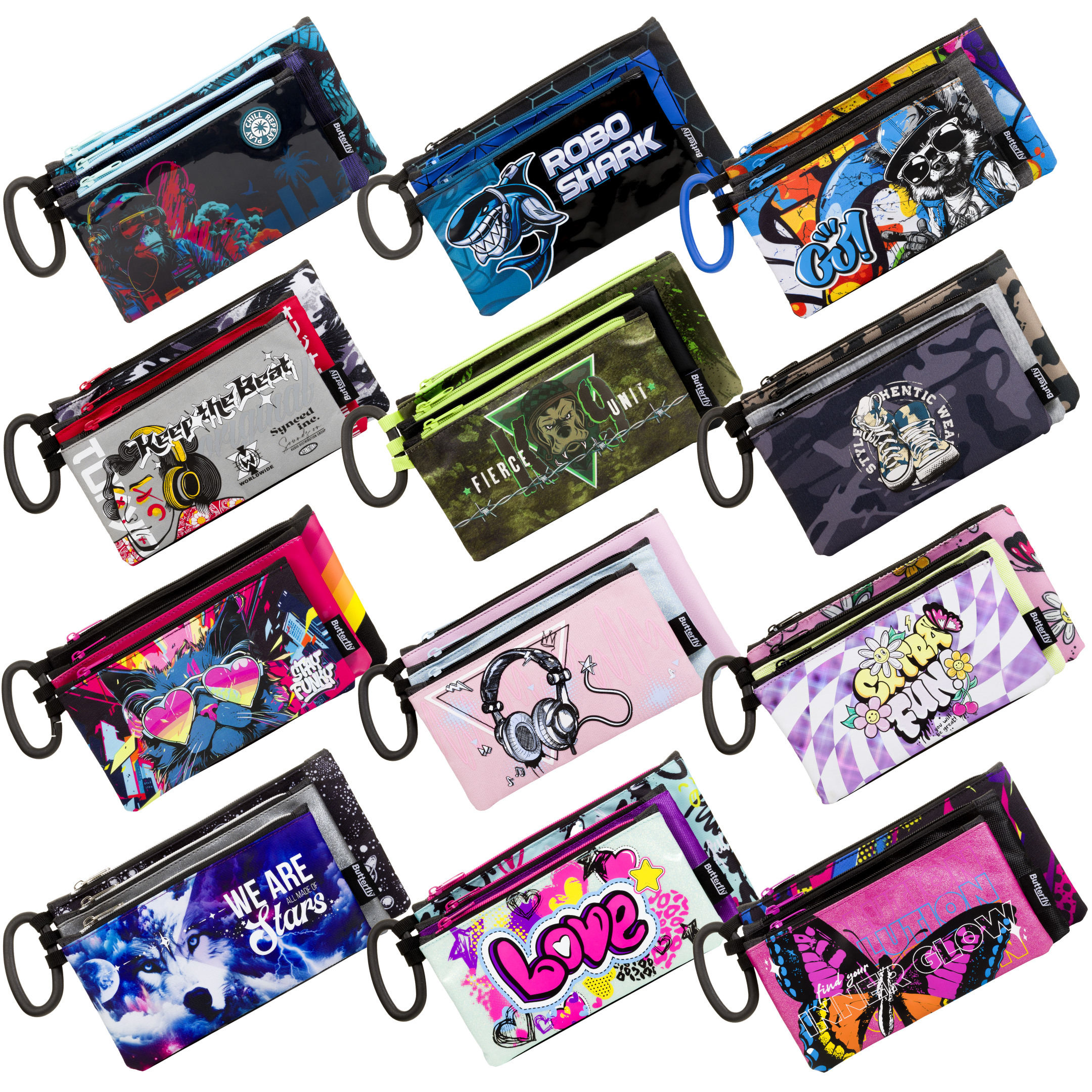 Butterfly Pencil Bag 3 Compartment Assorted